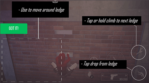 流氓特工操作指南：左边按钮‘Use to move aroud ledge’是控制方向，右边按钮‘Tap or hold climb to next ledge’是控制跳跃和翻滚。